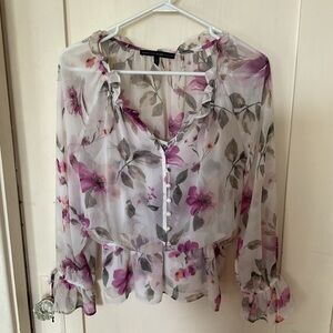 White House Black Market Floral Blouse - Pink and Cream